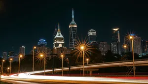 Modern city skyline at night with ferris wheel