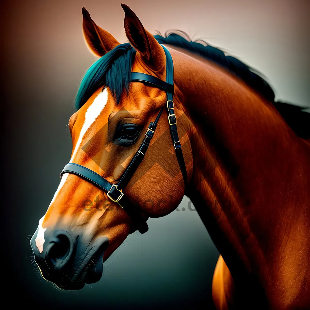 Picture of Thoroughbred Stallion in Bridle and Headgear