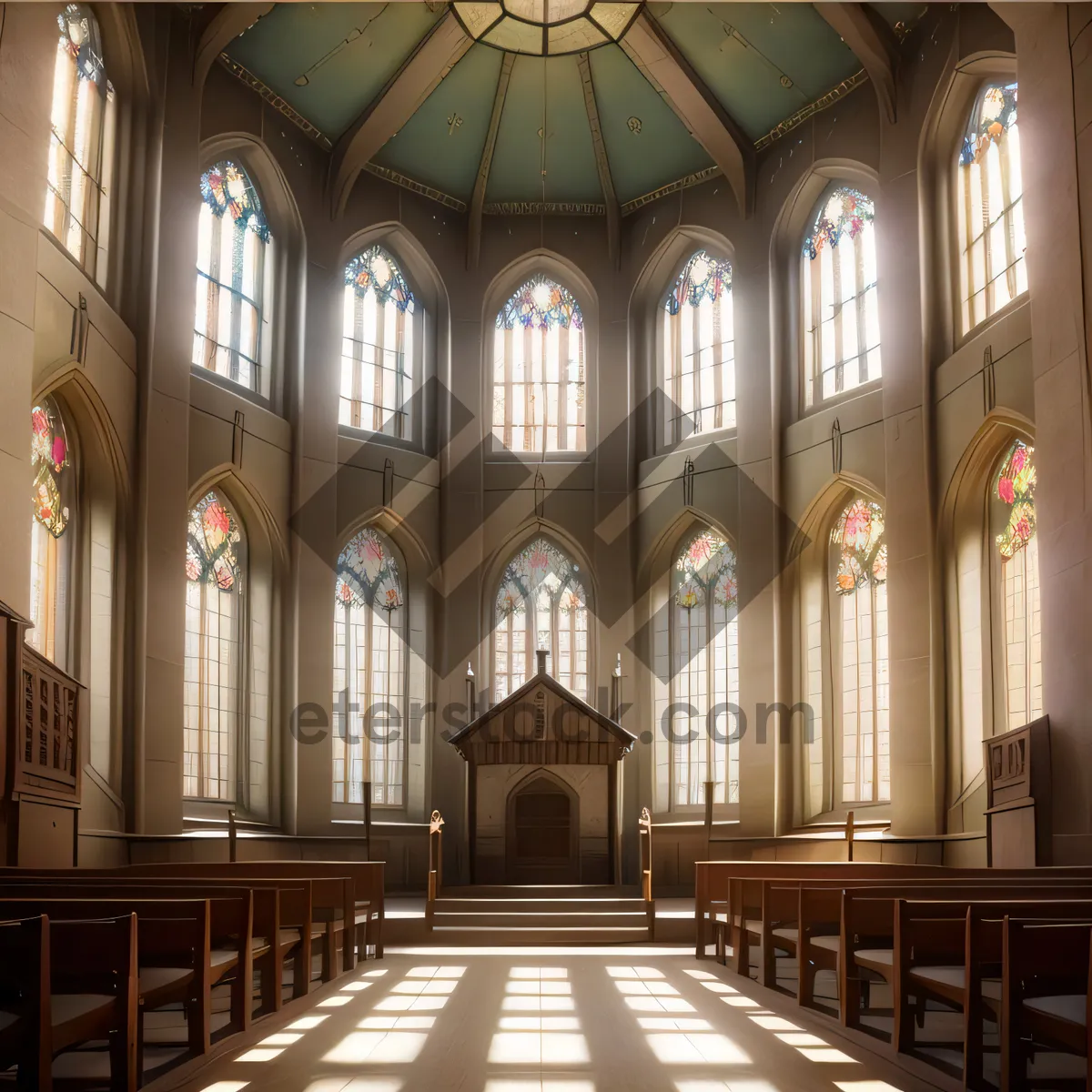 Picture of Gothic Cathedral Interior Illuminated by Stained Glass