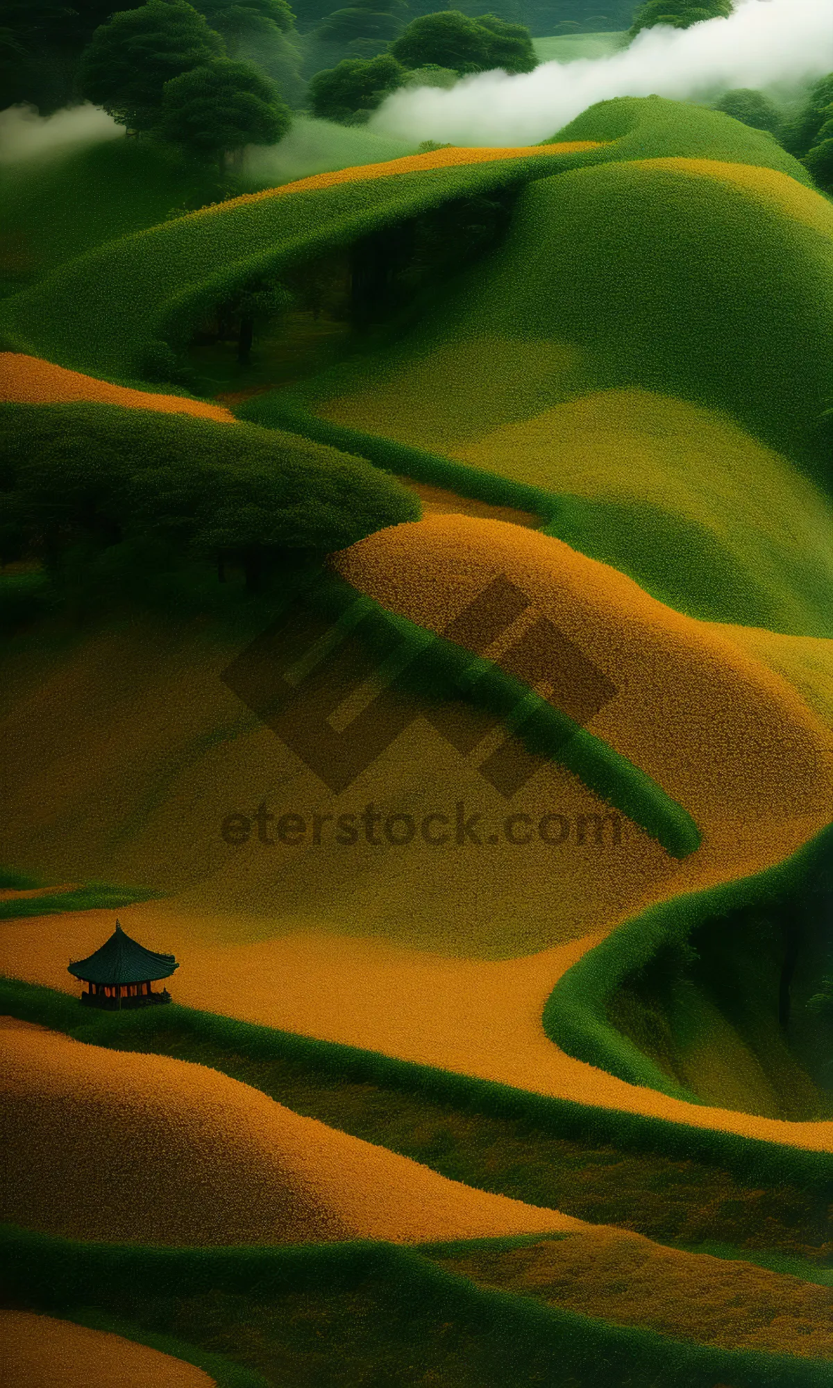 Picture of Beautiful Green Aquatic Snake Coiled Amongst Plants