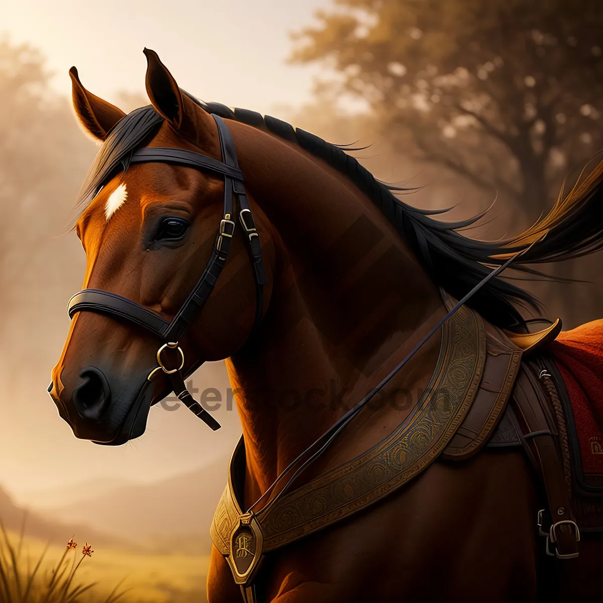 Picture of Thoroughbred stallion in equestrian gear standing in the field