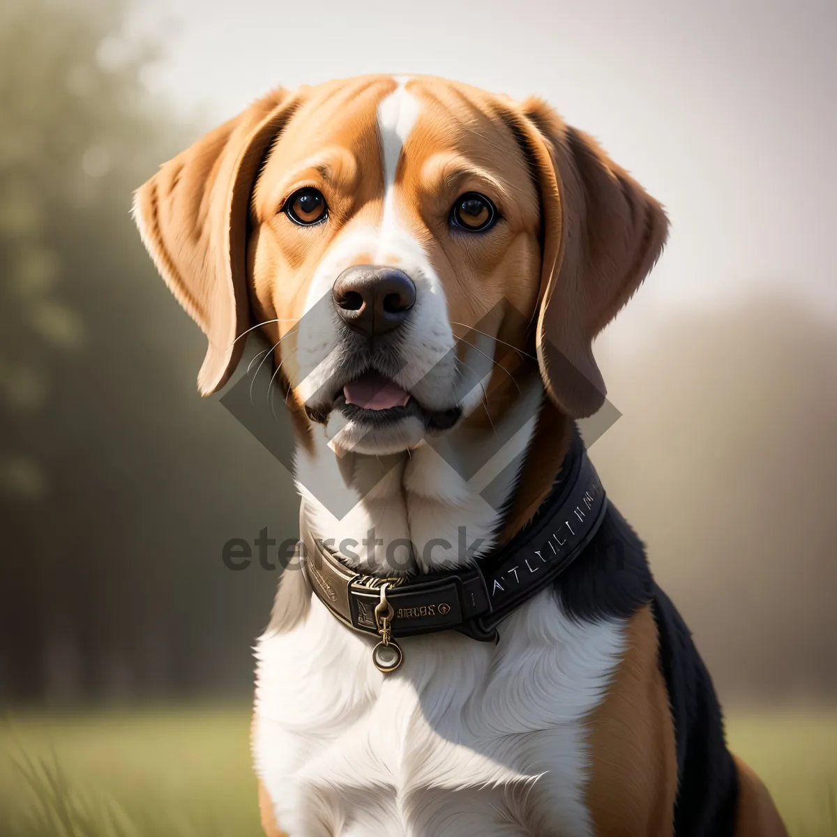 Picture of Adorable Purebred Beagle Puppy Sitting with Collar and Leash