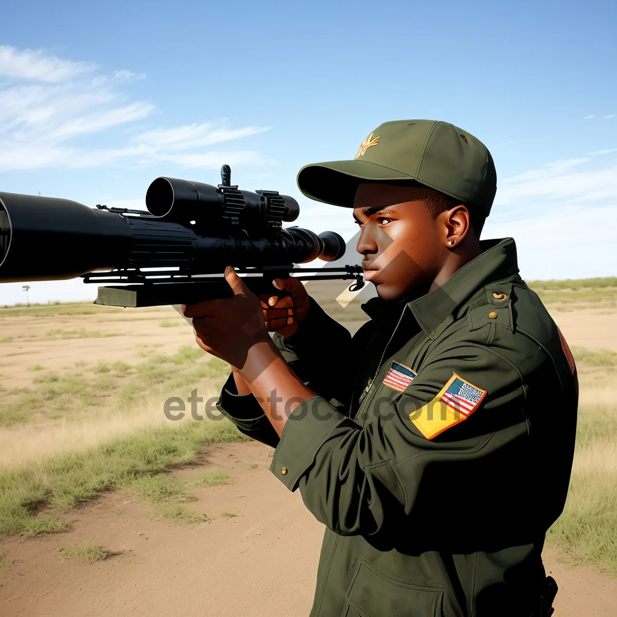 Picture of Camouflaged Soldier with Assault Rifle in Military Shoot