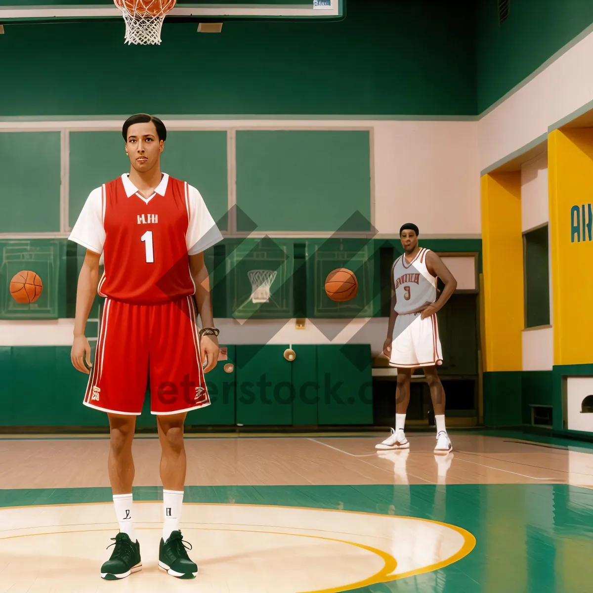 Picture of Active Man Playing Tennis on Court with Basketball Equipment