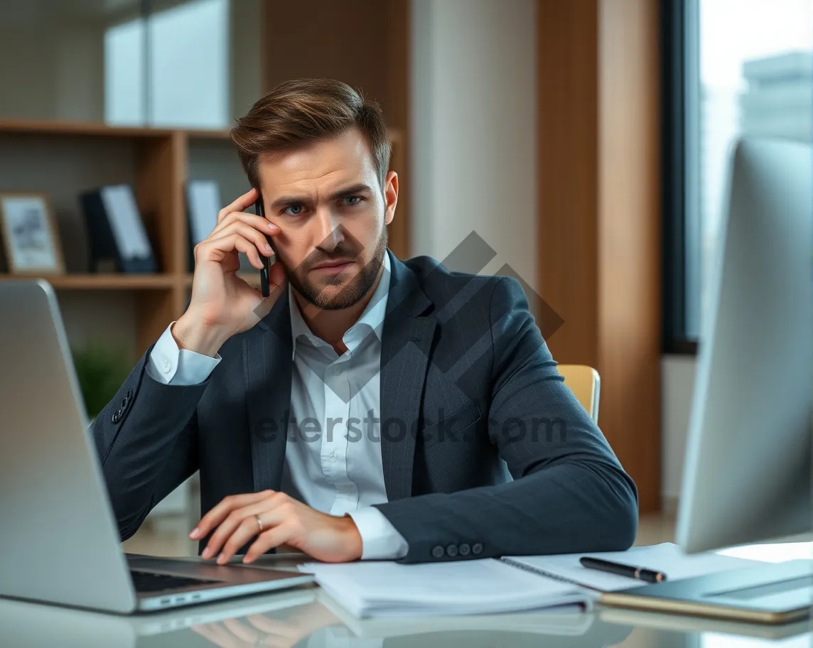 Picture of Successful Businessman Sitting at Desk with Laptop Smiling