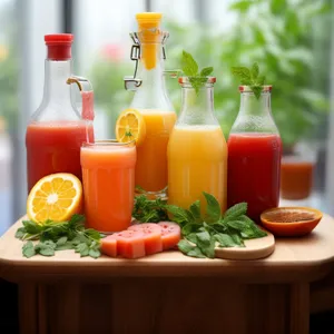 Fresh vegetable and fruit dinner in glass bottle.