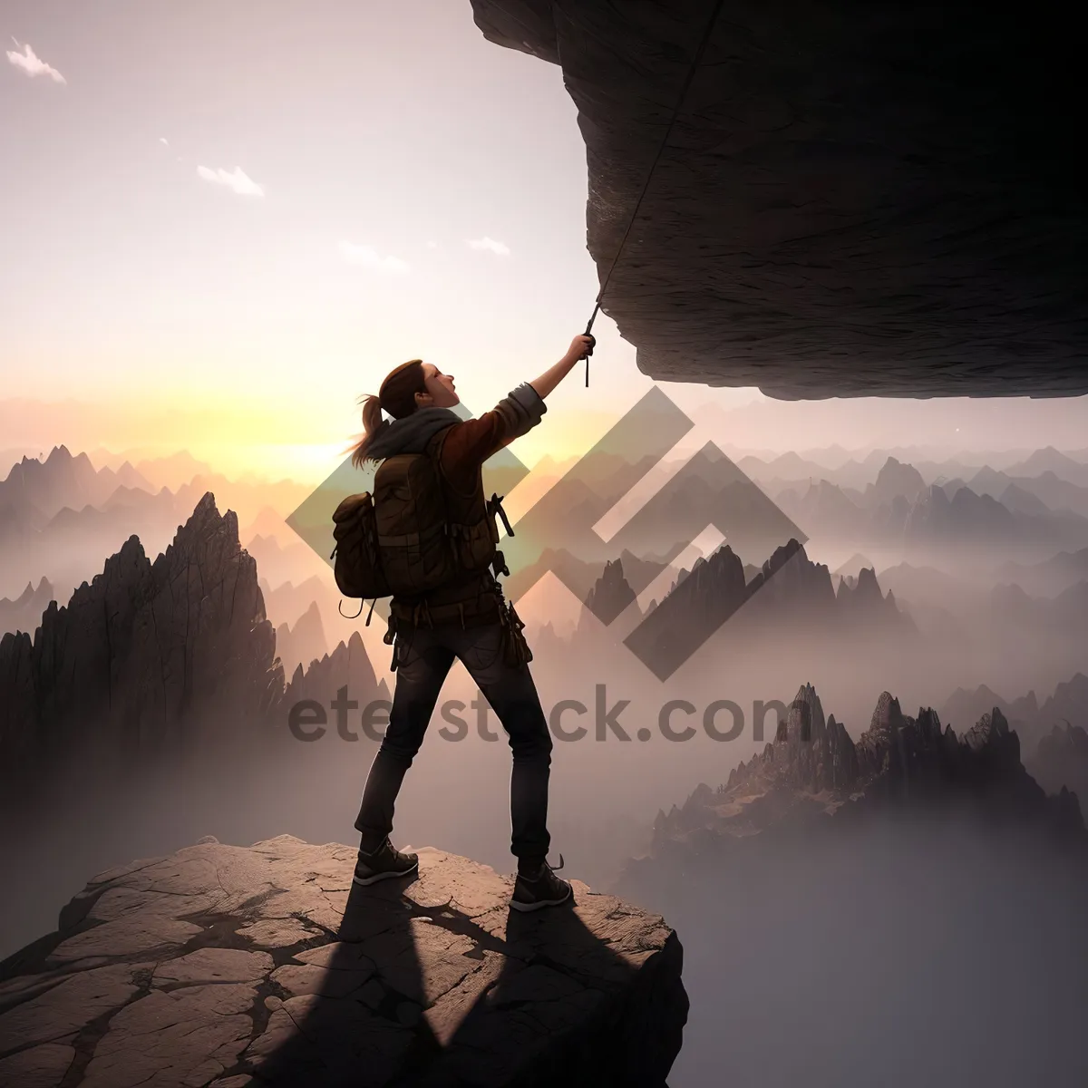 Picture of Adventurous Climber Conquering Majestic Mountain Peak