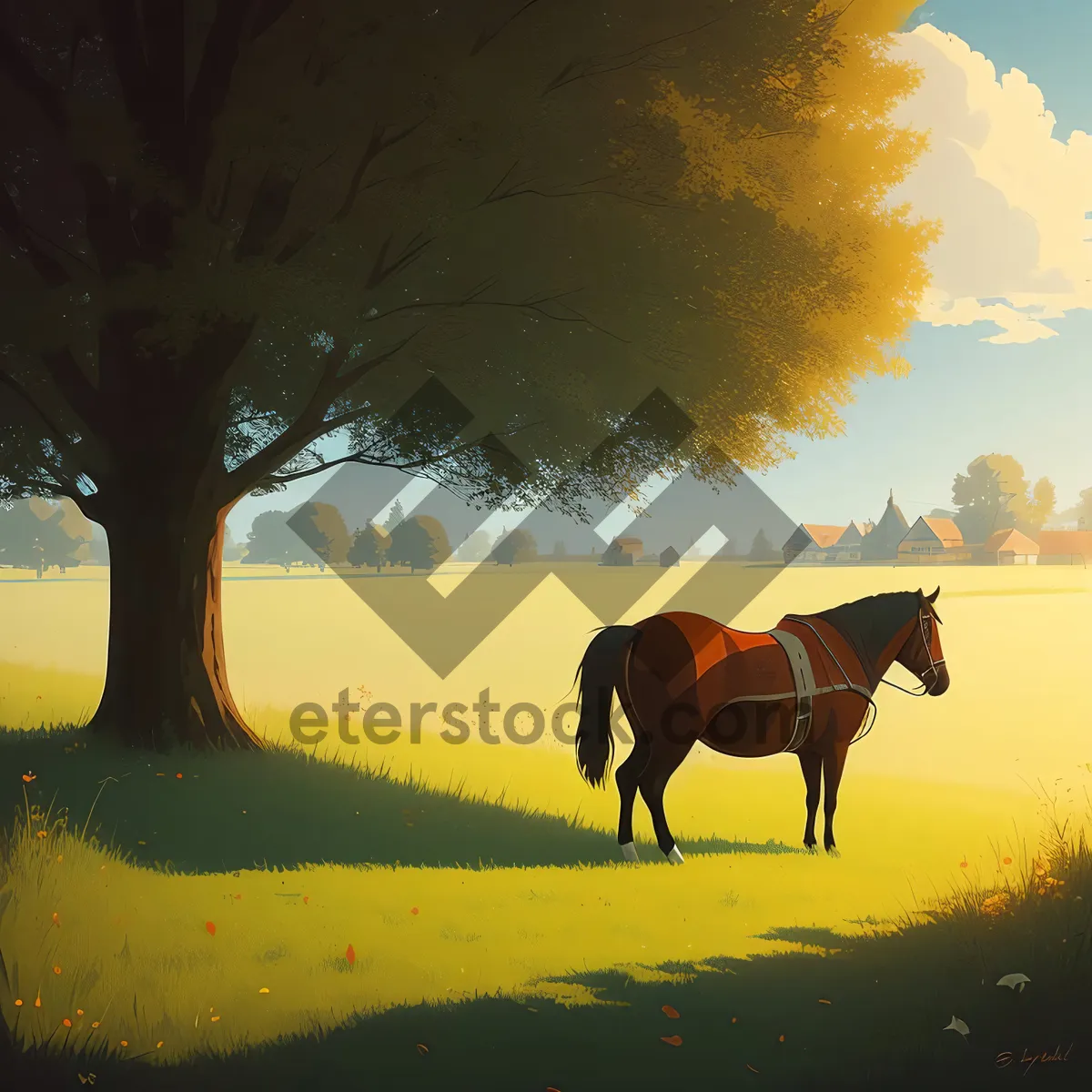 Picture of Brown horse grazing in rural pasture