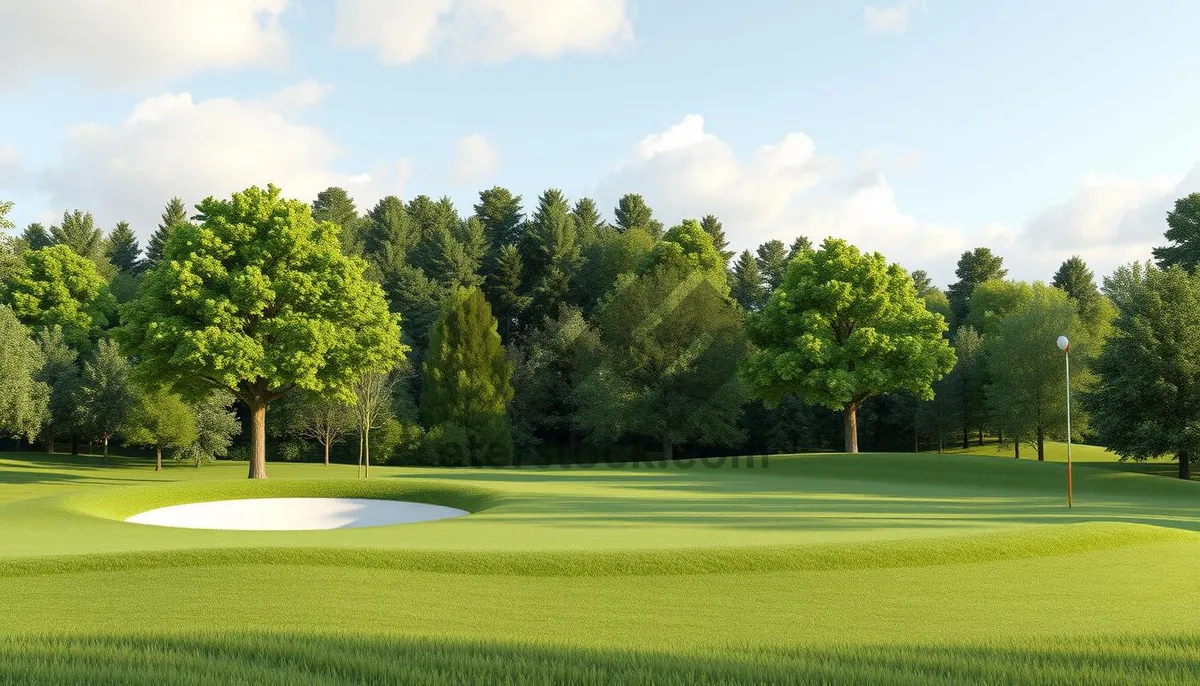 Picture of Rural golf course with flag and trees in spring landscape