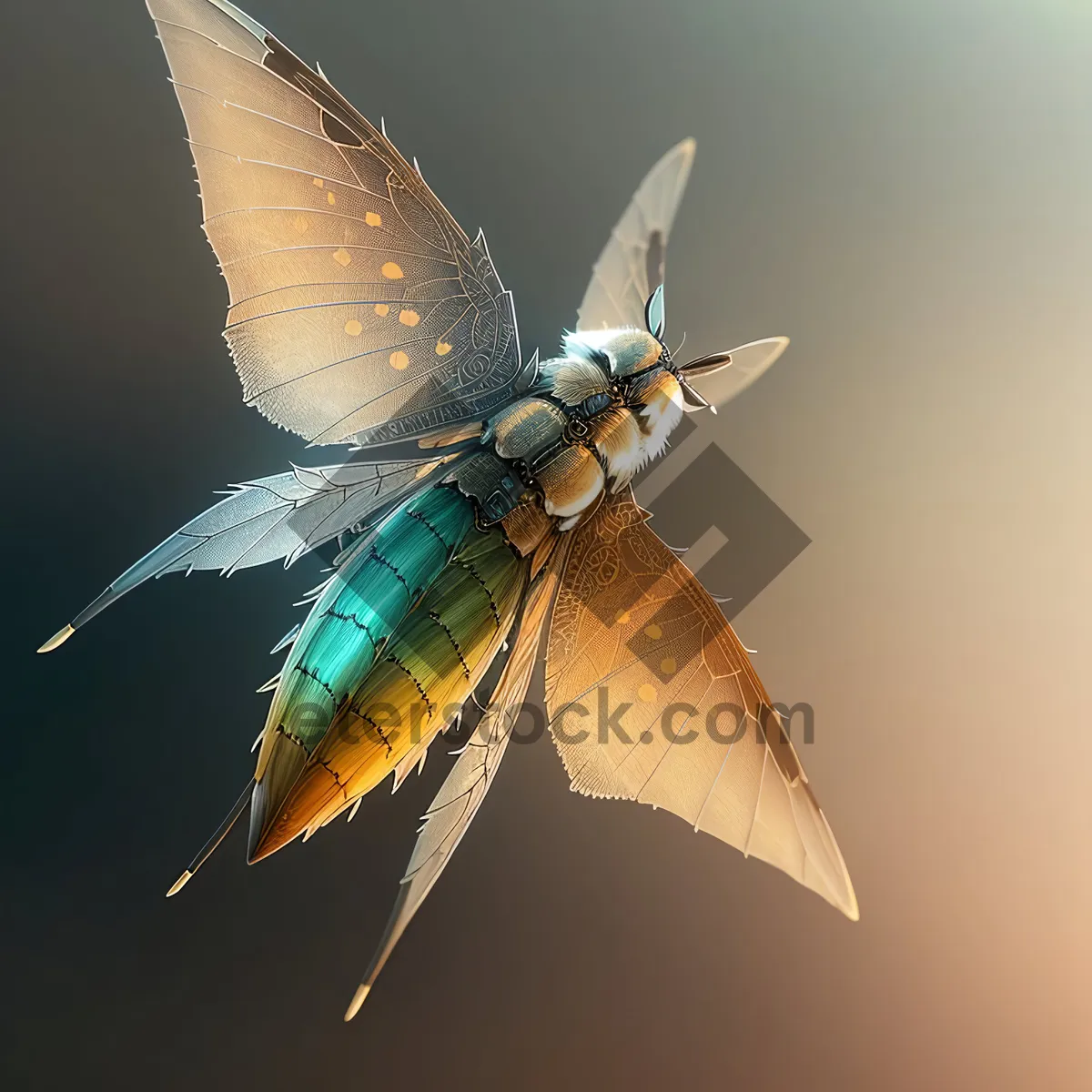 Picture of Dragonfly in Flight with Beautiful Wing Detail.