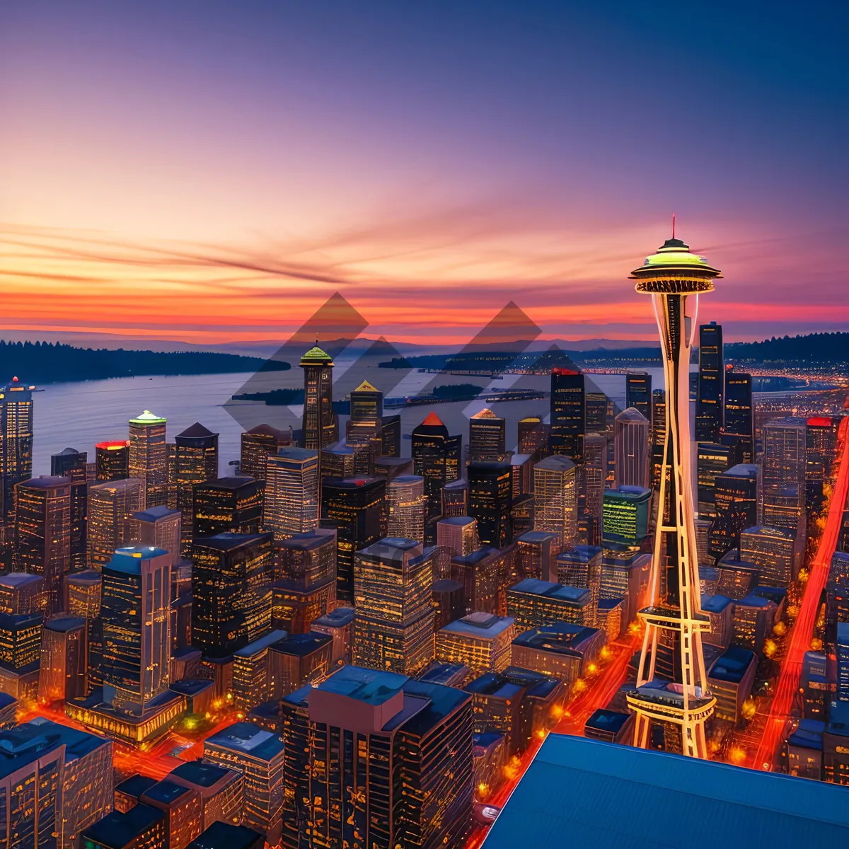 Picture of Cityscape at Night: Urban Skyline and Waterfront