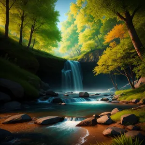 Autumn Serenity: Enchanting Forest Waterfall in Scenic Park