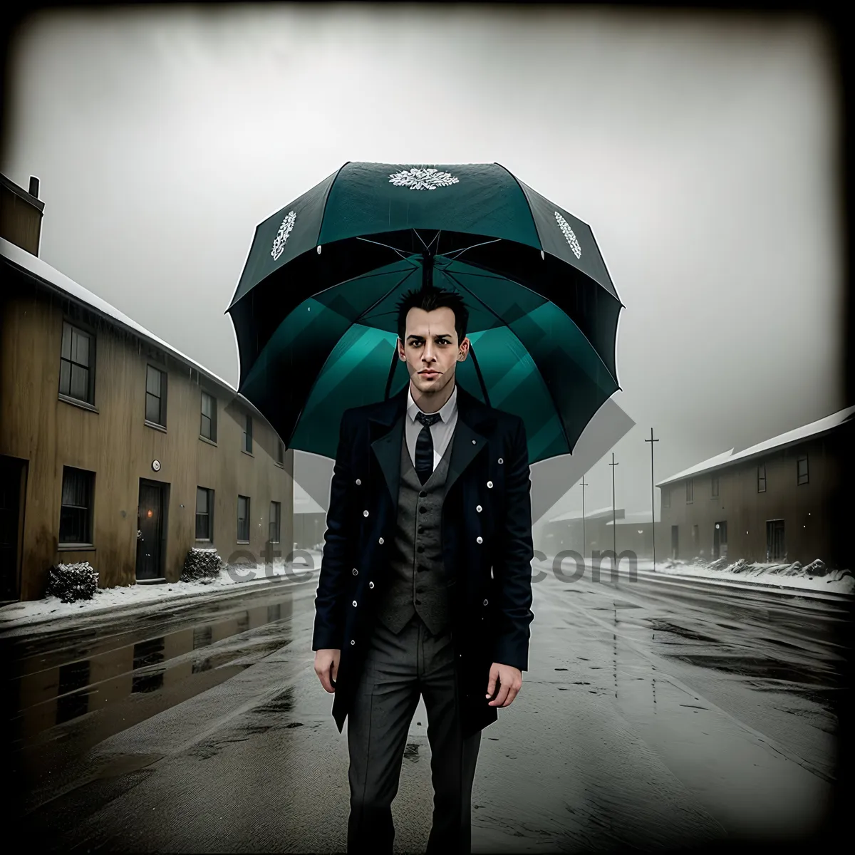 Picture of Businessman staying dry under stylish umbrella.