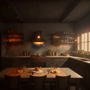 Modern restaurant interior with elegant wooden furniture and lighting.
