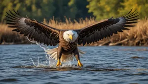 Wild Bald Eagle in Flight Over Water