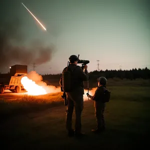 Silhouette man wielding a flamethrower at sunset