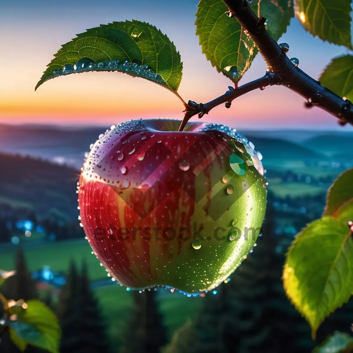 Picture of Fresh, Juicy Cherry Fruit on Leafy Tree Branch