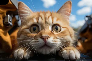 Fluffy tabby kitten with curious eyes.