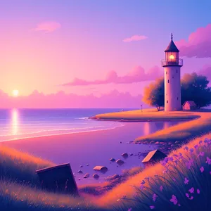 Coastal Lighthouse at Sunset: Majestic Beacon overlooking the Ocean
