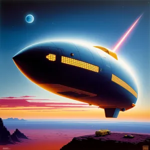 Sunset Skyline: Majestic Airship Soaring Over Water