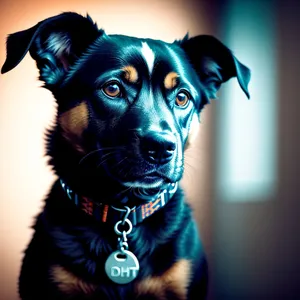 Adorable black puppy on leash - pet portrait