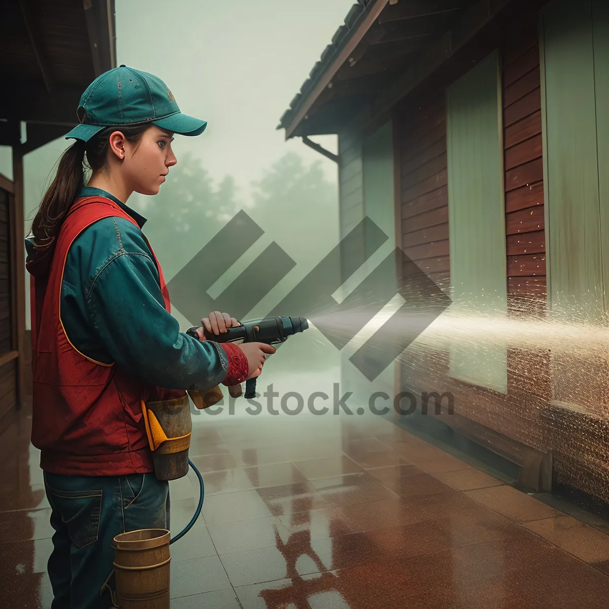 Picture of Male Worker with Fire Extinguisher Using Air Gun