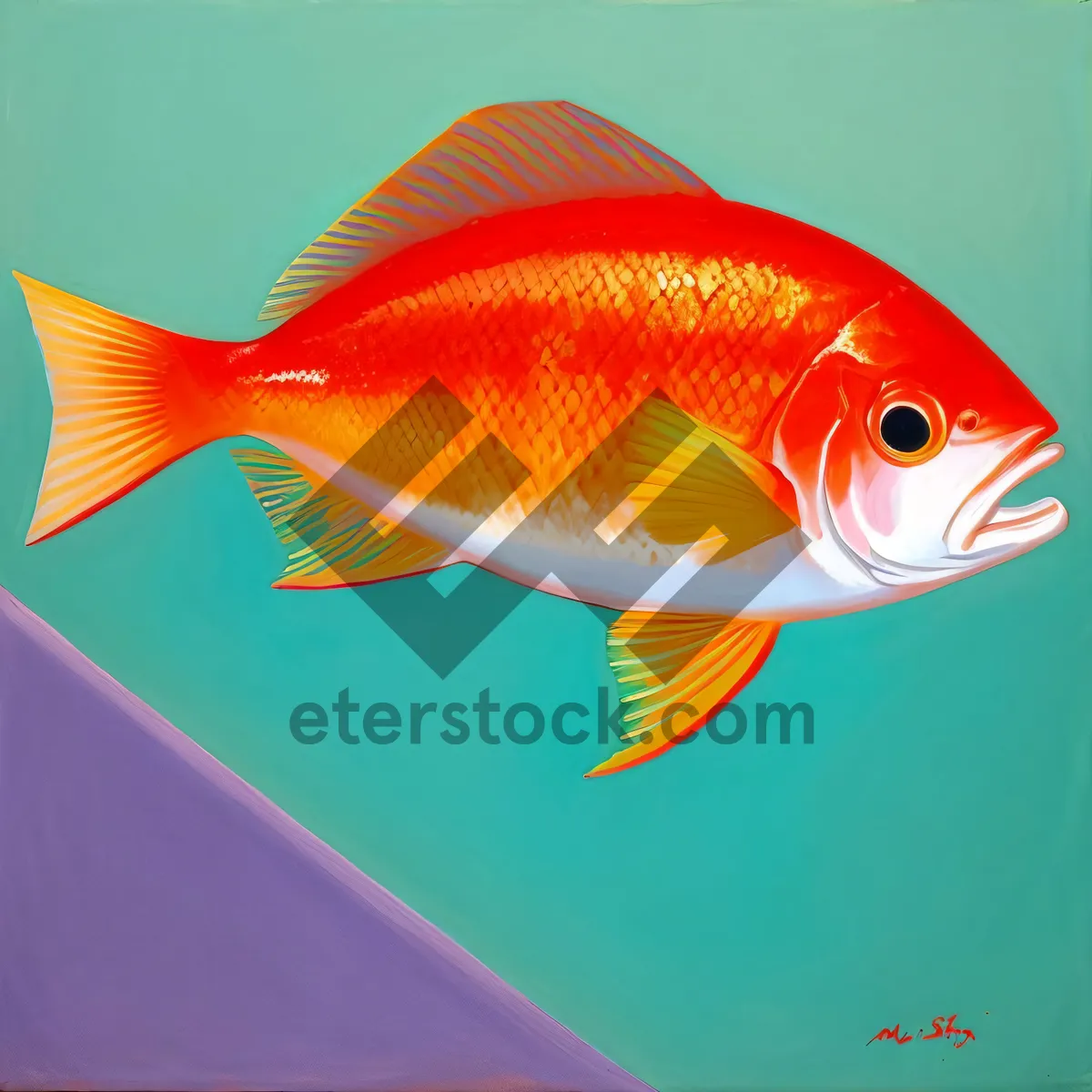 Picture of Golden Fish Swimming in Orange Bowl with Bubbles