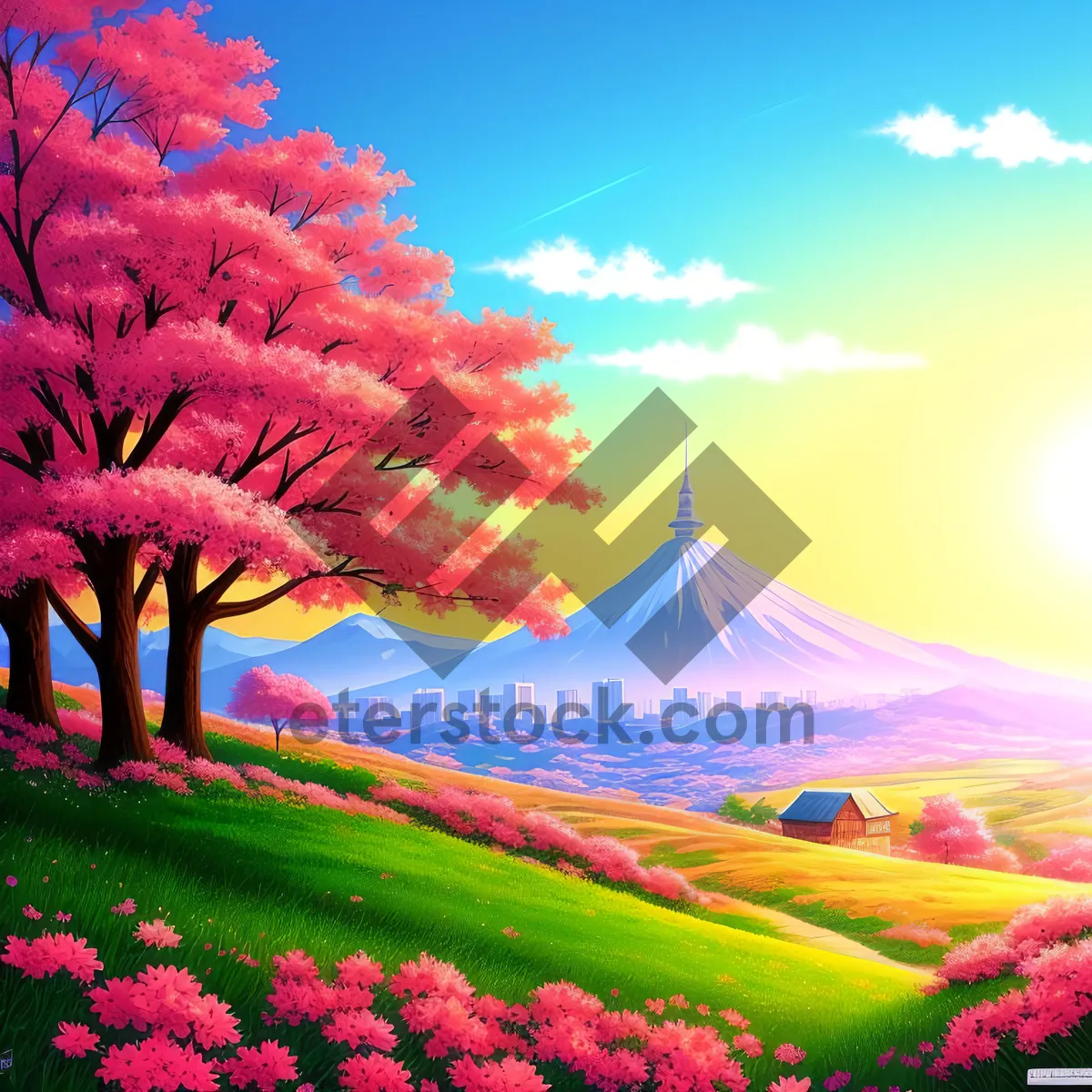 Picture of Idyllic Countryside Meadow Under a Colorful Sky