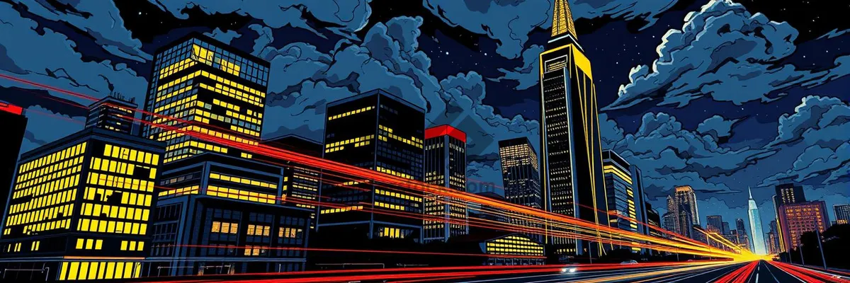 Picture of Modern city skyline with illuminated office buildings at night.