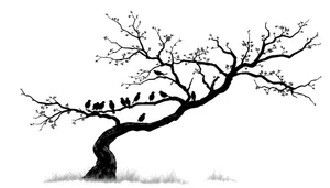 Black Oak Tree Silhouette with Detailed Branches and Leaves