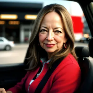 Happy businesswoman driving new car with seat belt.