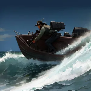 Speedboat cruising on ocean waves under sunny skies.