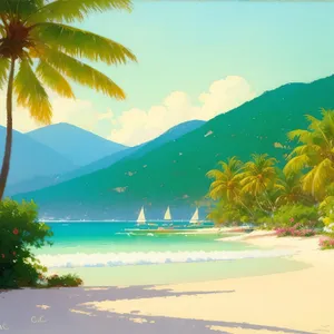 Serene Tropic Seascape with Turquoise Waves and Palm Trees