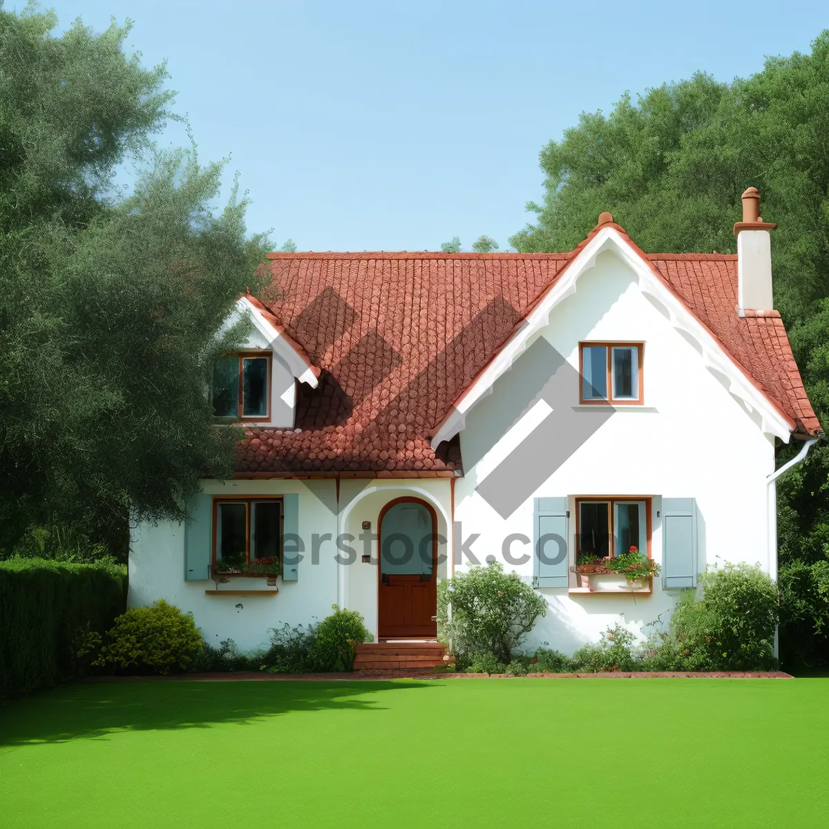 Picture of Modern brick house with tiled roof and grass lawn.