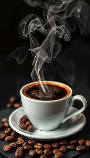 Dark coffee cup with saucer on black table