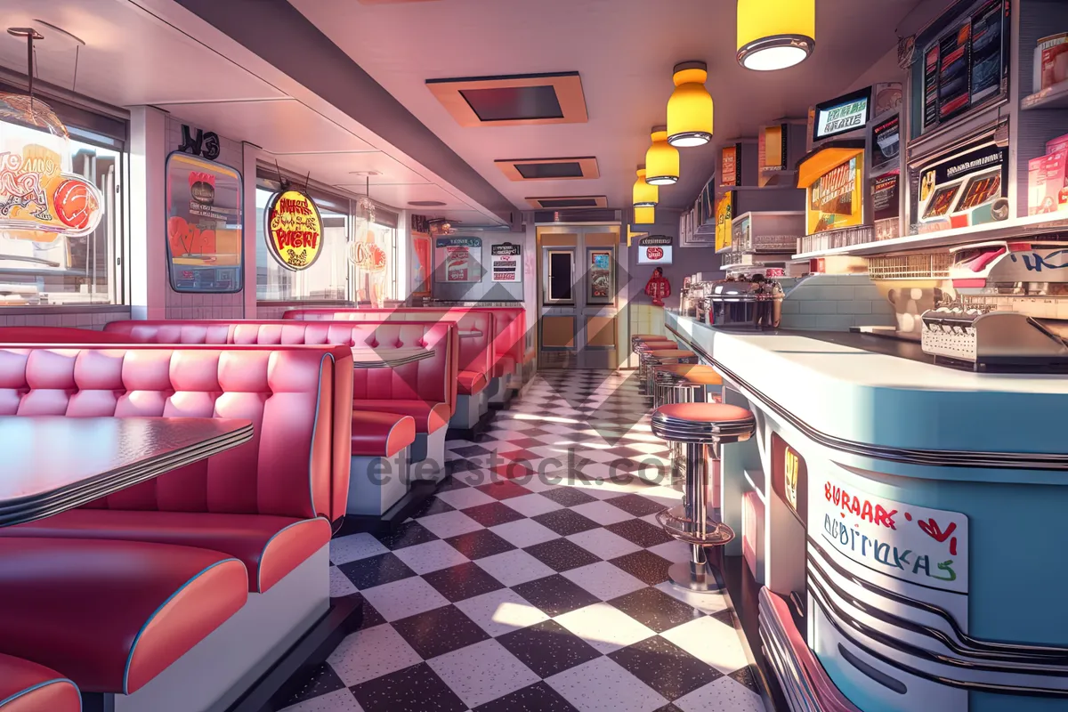 Picture of Modern cafeteria interior with empty tables and chairs.