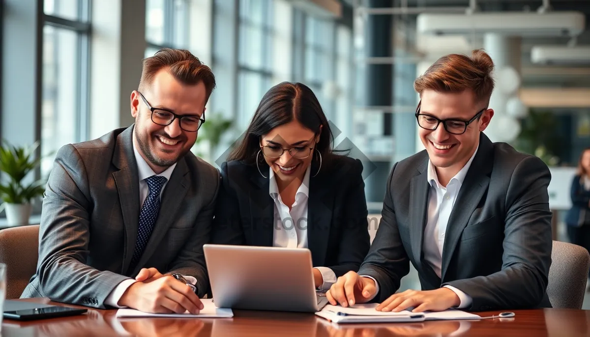 Picture of Happy professional team working together in office with laptops.