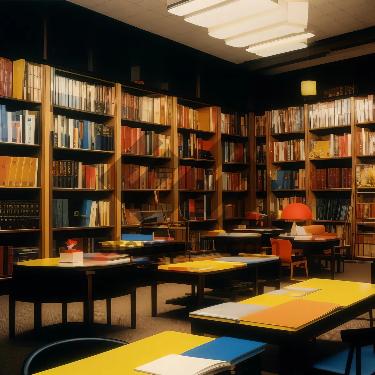 Picture of Modern library with books on bookshelf in home.