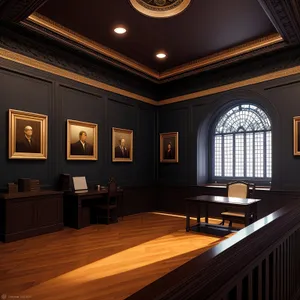 Modern Hall Interior with Theater Curtains and Furniture