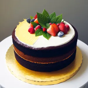 Delicious fruit and chocolate cake with berries.