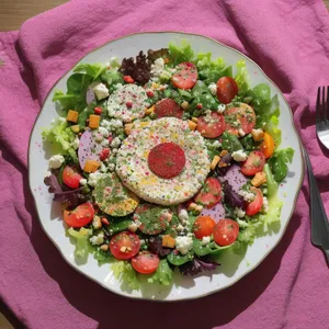 Healthy gourmet vegetable plate with delicious cheese slices.