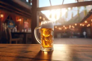 Golden beer in frosty mug with bubbles.