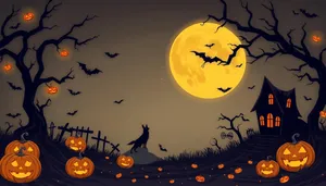 Spooky Halloween Night in the Cemetery sundown illustration.