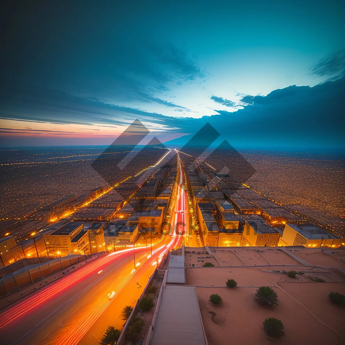 Picture of Dusk Drive: Urban Suspension Bridge in Cityscape