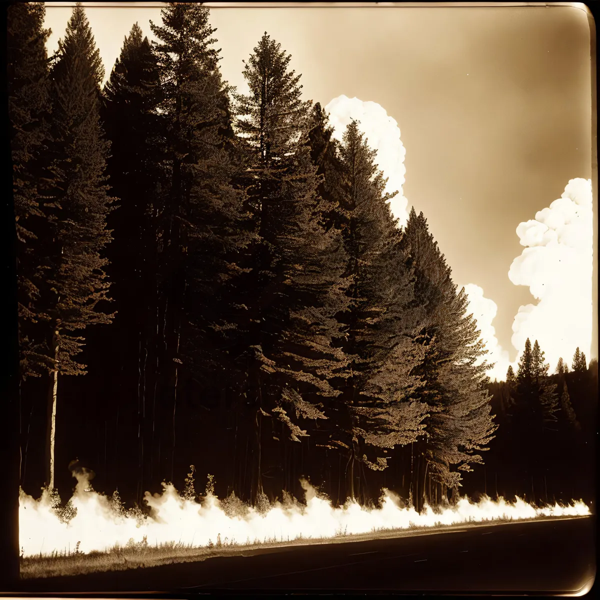Picture of Frosty Winter Forest Scene with Snowy Mountains