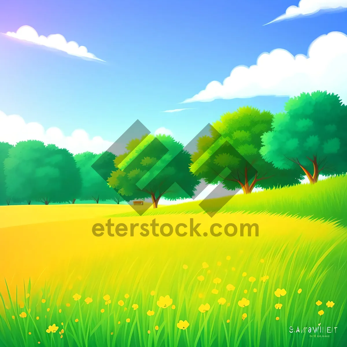 Picture of Vibrant Summer Meadow Landscape under Clear Sunny Sky
