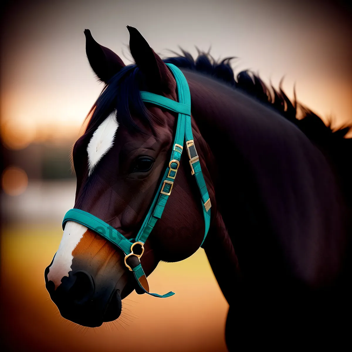 Picture of Thoroughbred stallion wearing bridle in farm