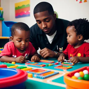 Joyful siblings learning together in preschool classroom