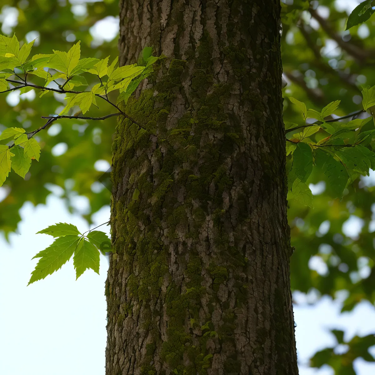 Picture of Summer Forest Canopy: Lush Green Leaves and Woody Trunks