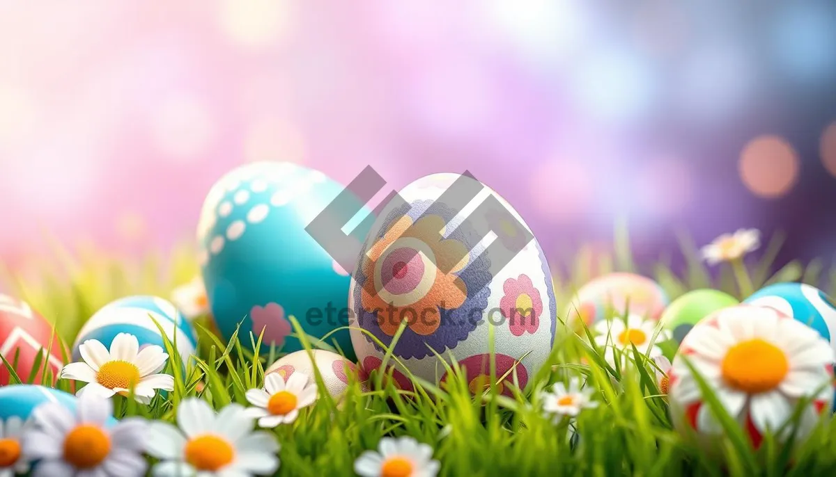 Picture of Yellow Easter Egg Decoration on Grass Meadow